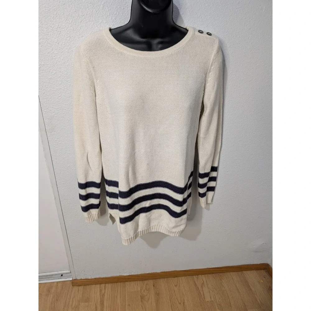 LOFT XS Nautical Stripe Sweater Cream Navy Cotton Button Shoulder Breton‎